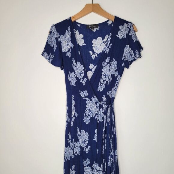 Lulu's Heart of Marigold Navy Blue Floral Print Wrap Maxi Dress Small - Picture 1 of 13